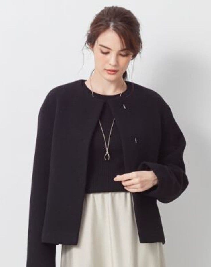 ★美品★23区 ダブルクロスベロアノーカラーショートコート黒 36 Sサイズ