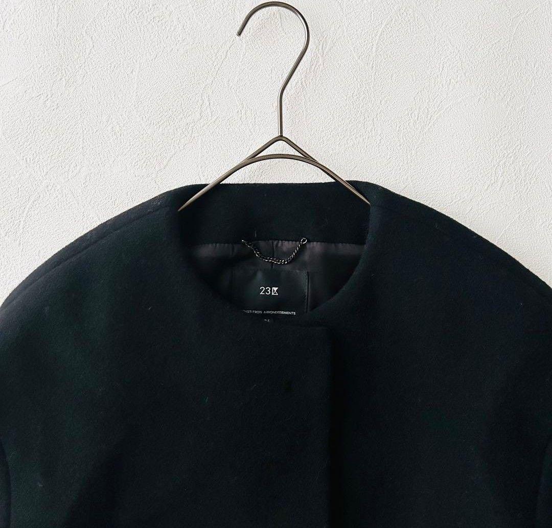 ★美品★23区 ダブルクロスベロアノーカラーショートコート黒 36 Sサイズ