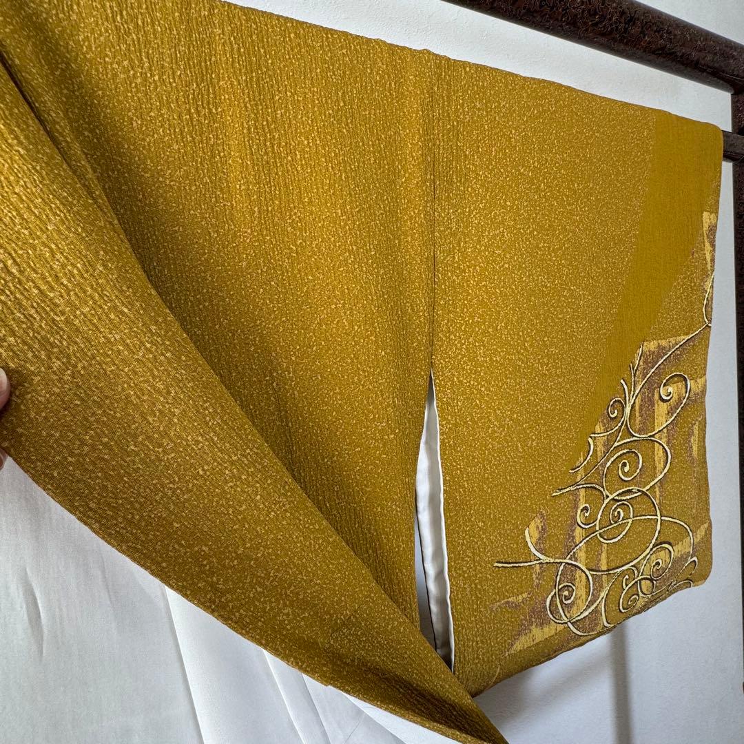 超美品　正絹　袷　広襟　訪問着　着物 168裄67 ふくれ織　からし　黄　トール