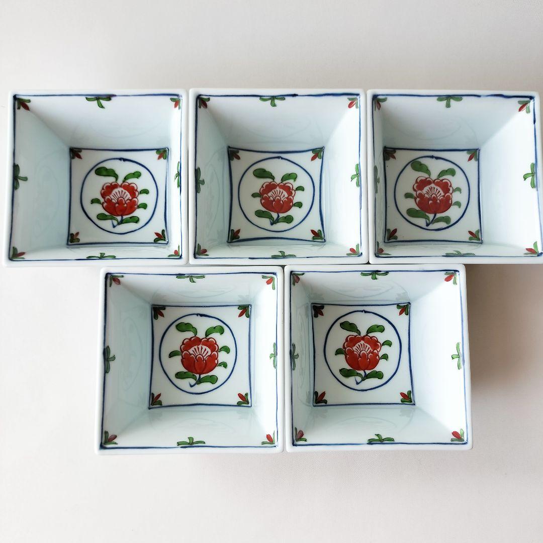 有田焼 源右衛門窯 染錦牡丹丸絵 角小鉢 5客セット