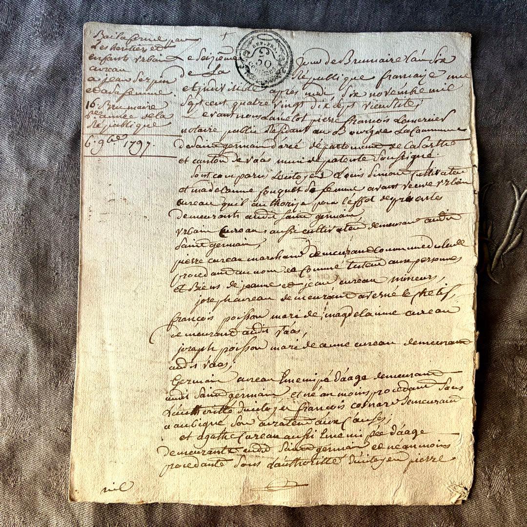 フランス革命時のマニュスクリ2枚セット　18世紀古文書紙物　フランスアンティーク