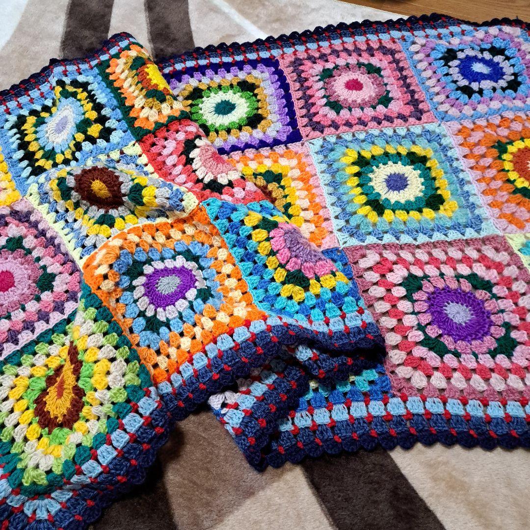 (145)カラフルなグラニースクエアベッドカバー&ストール★セットで