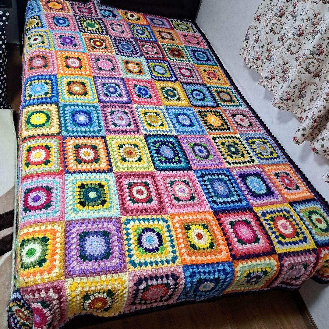 (145)カラフルなグラニースクエアベッドカバー&ストール★セットで