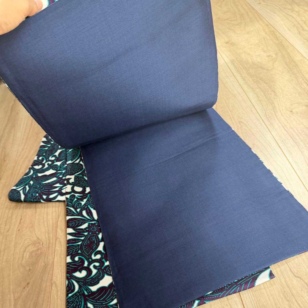 未使用　正絹　現代　全通 袋帯　着物　450しゃれ袋　青　唐草　ボタニカル　緑
