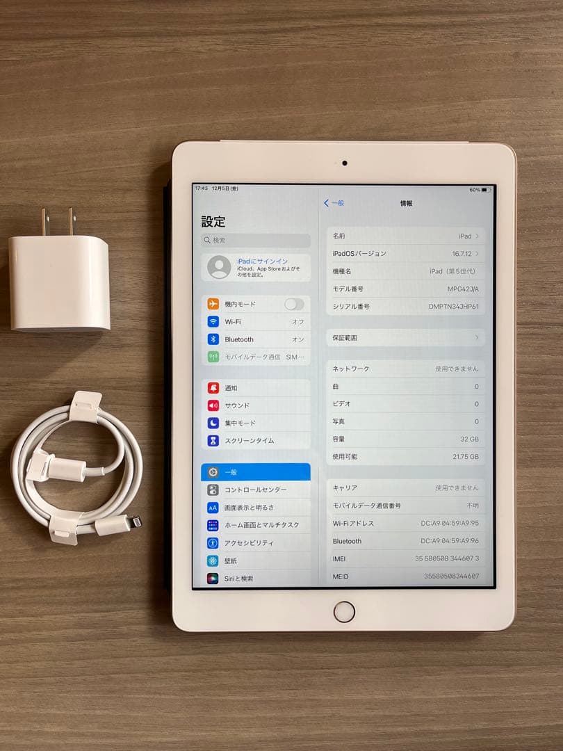 美品 iPad 第5世代 Wi-Fi Cellular SIMフリー 充電器付き