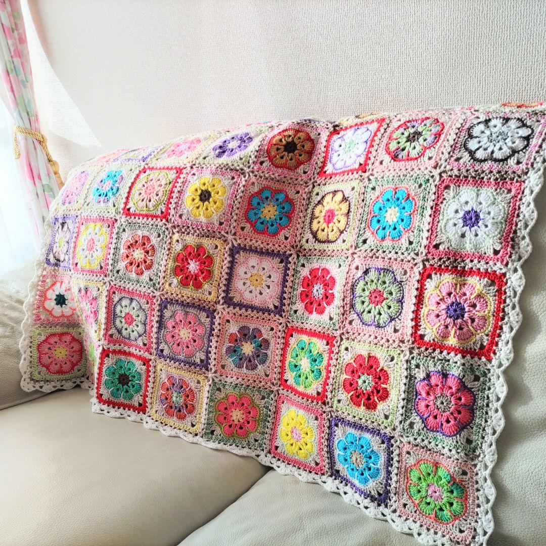 手編みブランケット★アフリカンフラワー★かぎ針編み★カラフル★ひざ掛け