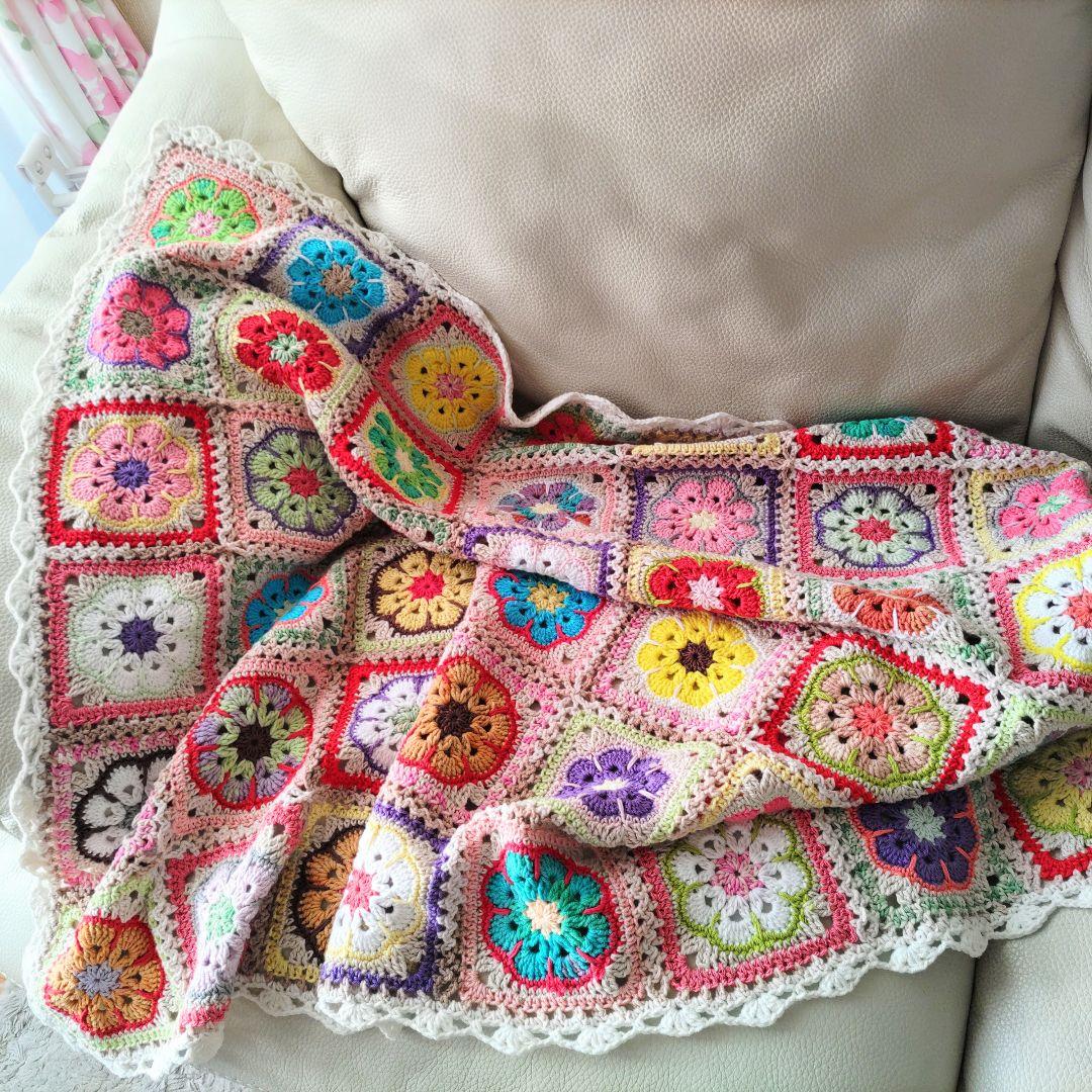 手編みブランケット★アフリカンフラワー★かぎ針編み★カラフル★ひざ掛け