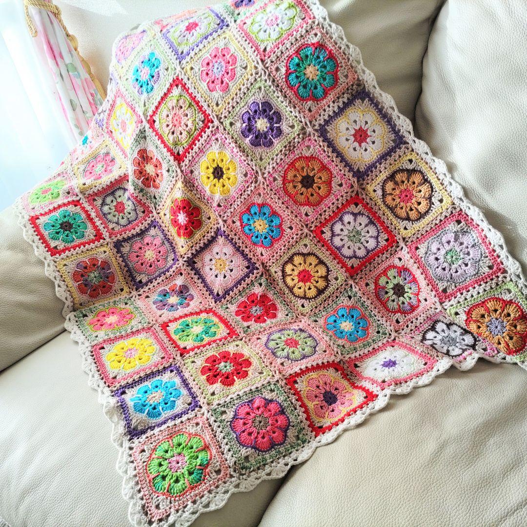 手編みブランケット★アフリカンフラワー★かぎ針編み★カラフル★ひざ掛け