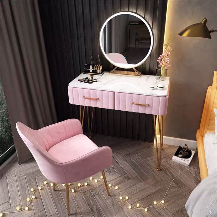 オシャレドレッサー大理石柄ベロア生地デスク80cmLEDミラチェアチェスト4点