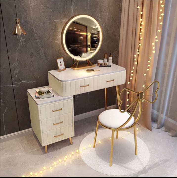 オシャレドレッサー大理石柄ベロア生地デスク80cmLEDミラチェアチェスト4点