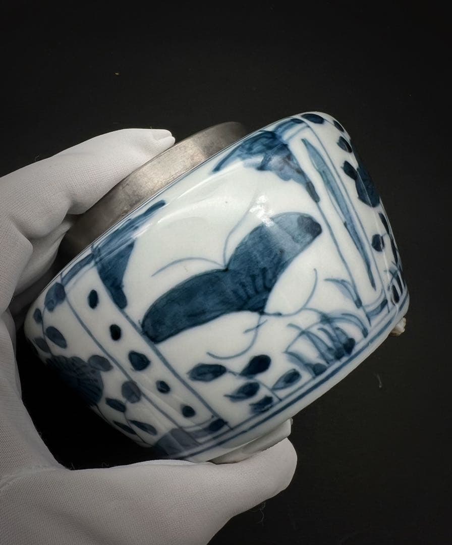 中国美術 古玩 青華染付 花鳥蝶々茶入 茶葉罐　煎茶道具 木箱付き