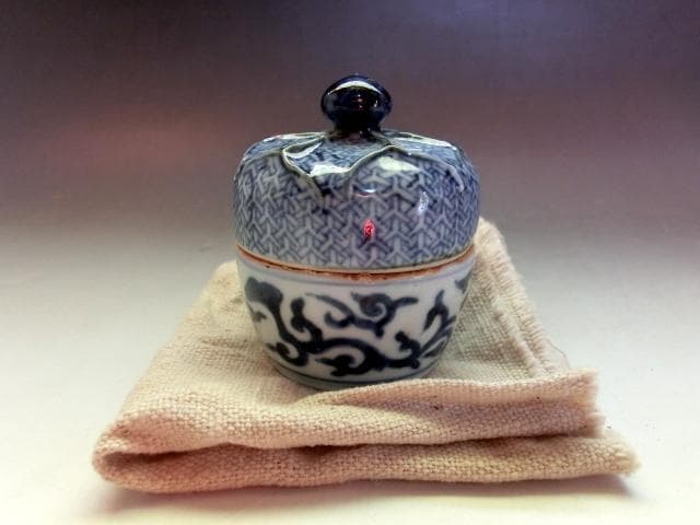 香合■南京古染付 擬宝瑞香合 呉須 桐箱 お茶道具 珍品 時代物 骨董品 希少■