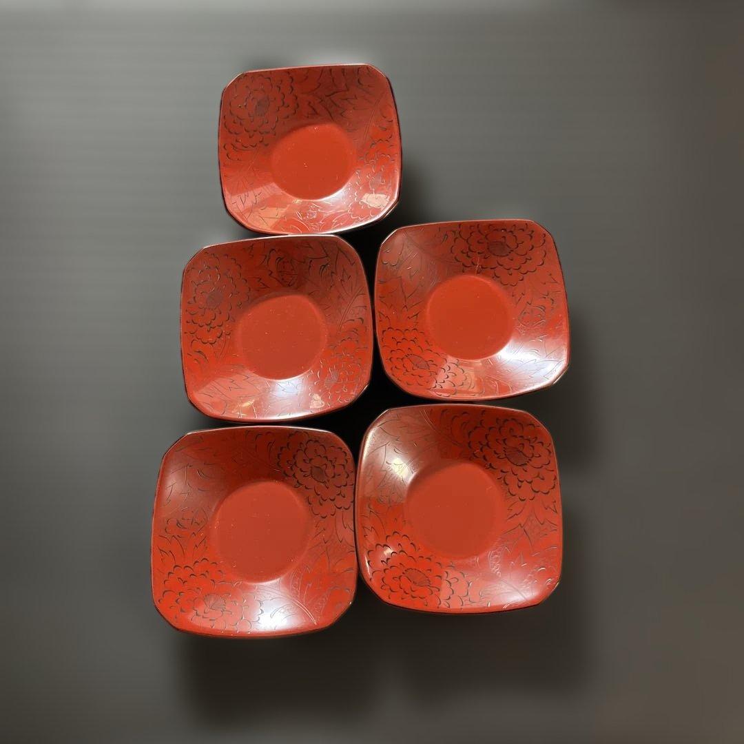 千舟生選　輪島塗 輪島塗　漆器　伝統工芸　茶托　皿　赤漆　5枚　沈刻