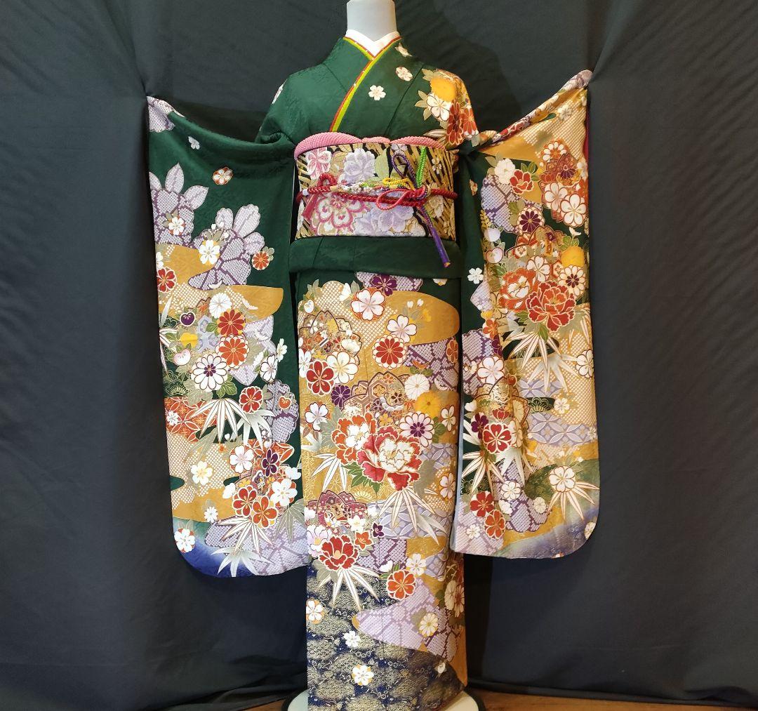 【大特価】振袖　古典柄　緑系　袋帯　その他セット