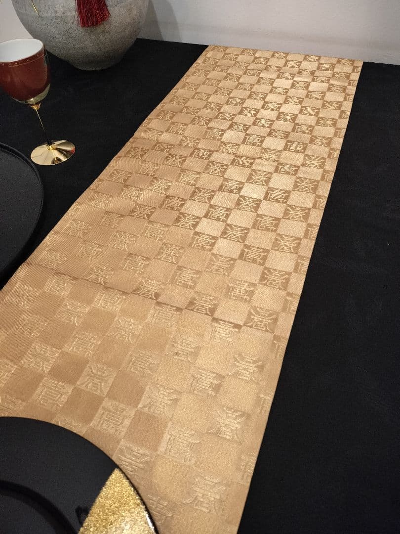 A925★逸品‼️全通帯‼️市松文字‼️正絹テーブルランナー2m7cm