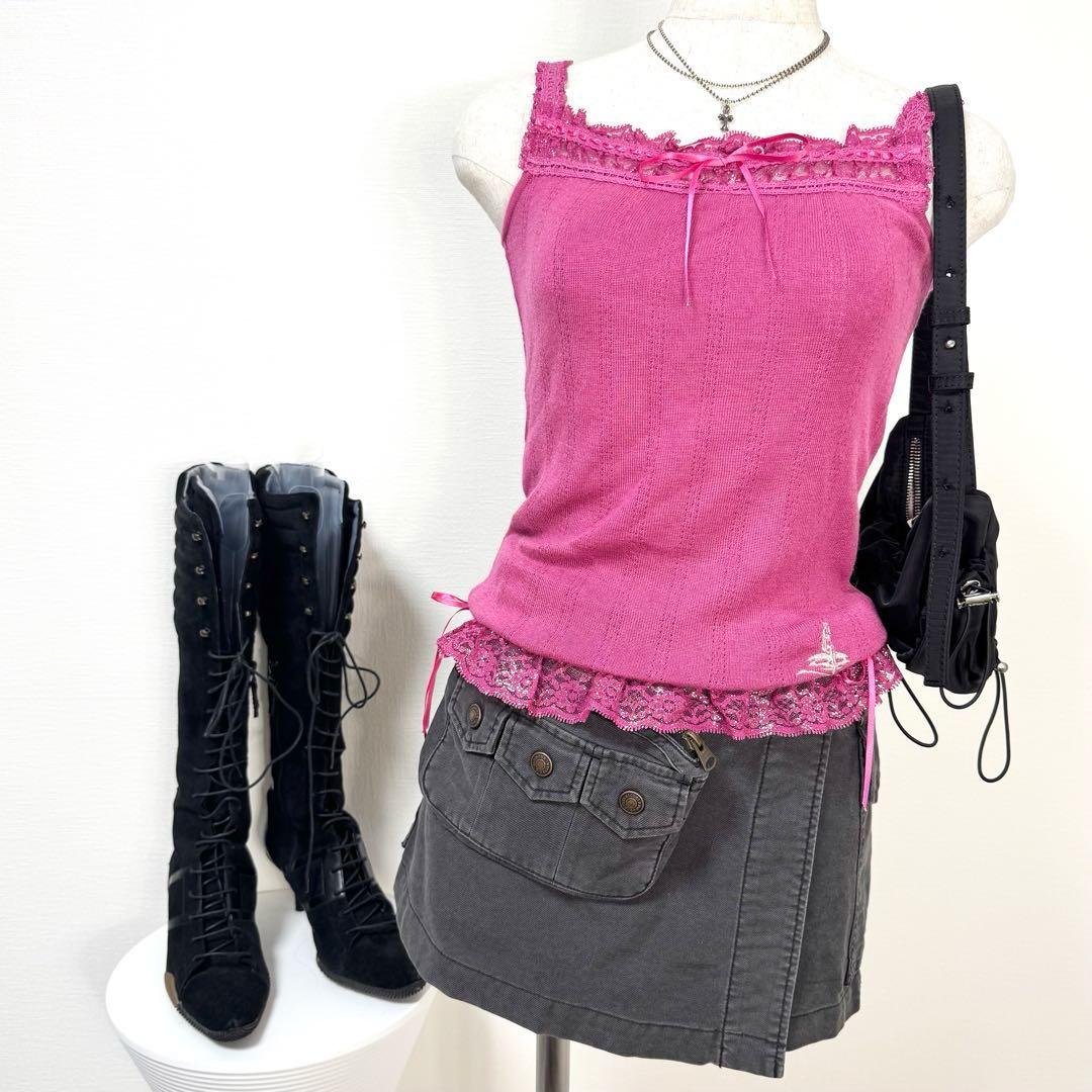 y2k❤️ 00s HYSTERIC GLAMOUR ロゴ刺繍 サテンリボンキャミ