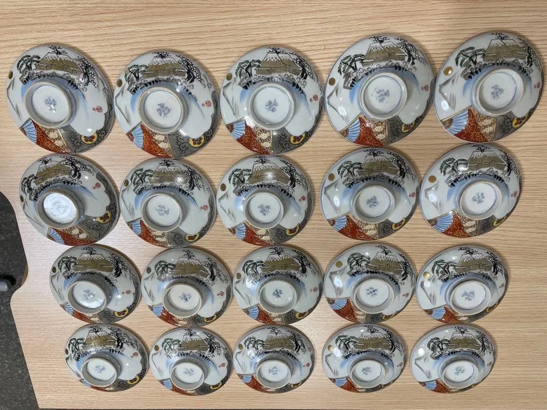 古伊万里 富貴長春 色絵金彩 富士 雪柄 小鉢 蓋付き椀 茶碗 レトロ 20客