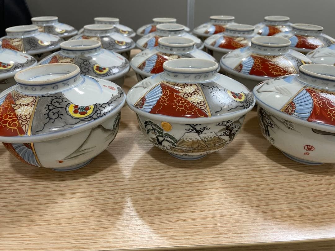 古伊万里 富貴長春 色絵金彩 富士 雪柄 小鉢 蓋付き椀 茶碗 レトロ 20客