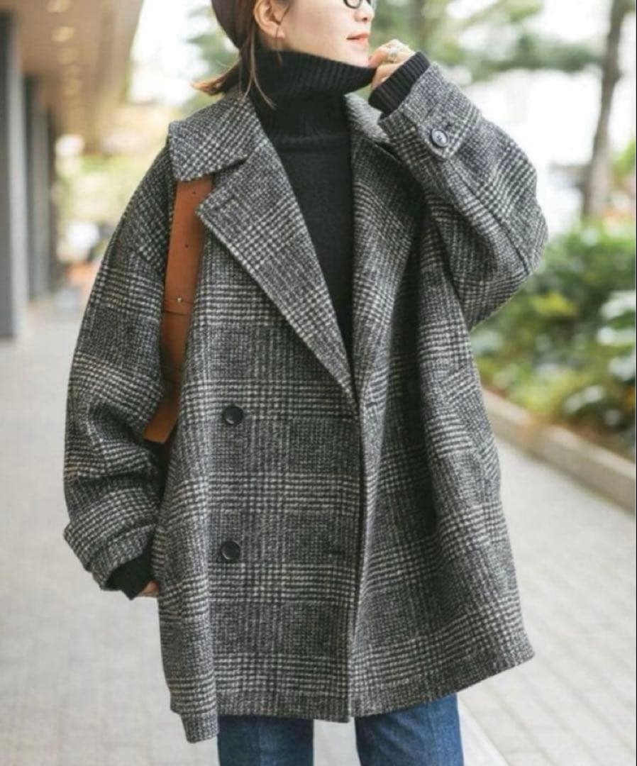 Wスライバーチェックハーフコート　グレー　38