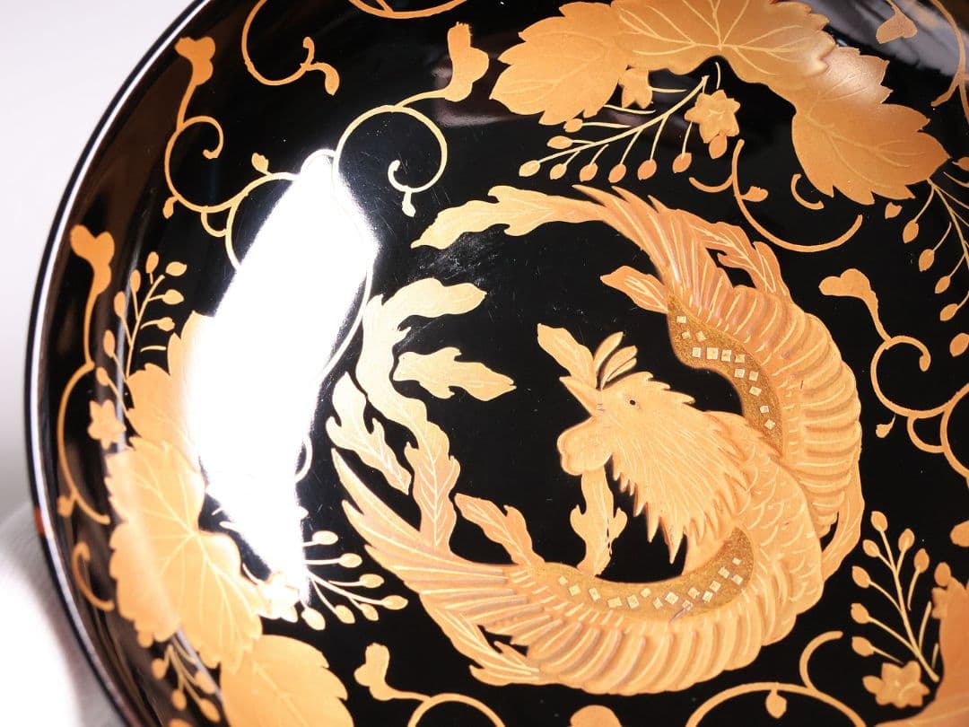 【MB194】天然木漆塗 鳳凰桐唐草 金蒔絵 黒塗 吸物椀 三客 大正昭和