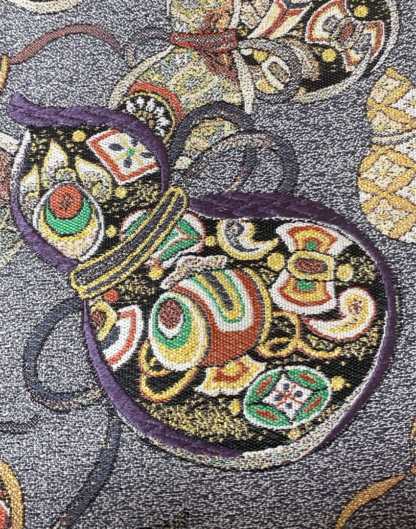 つけ帯　西陣織　袋帯　正絹　中古　グレー　瓢箪　二重太鼓　美品　tj073