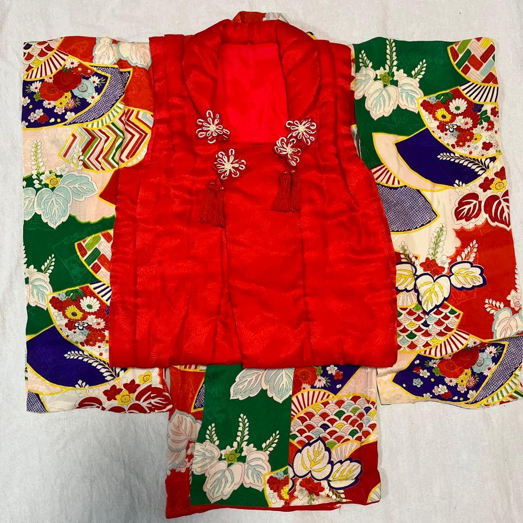七五三　3歳　着物　被布　アンティーク　赤　古典柄