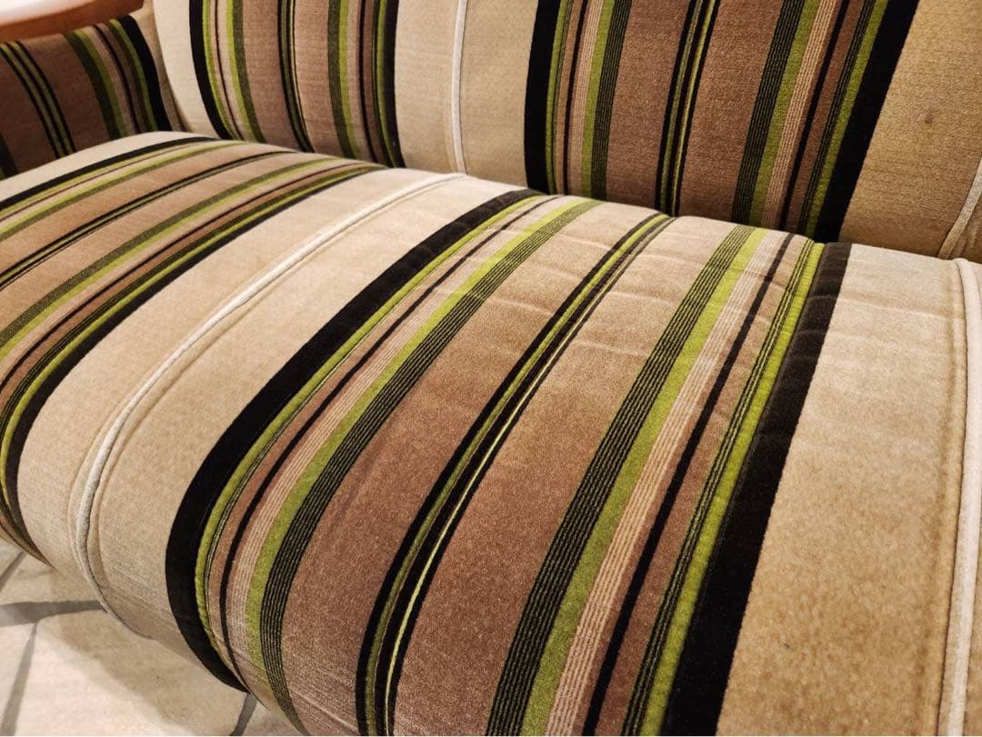 昭和レトロ　アンティーク ストライプ3pソファ モケット　ファブリック