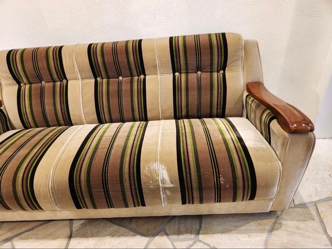 昭和レトロ　アンティーク ストライプ3pソファ モケット　ファブリック