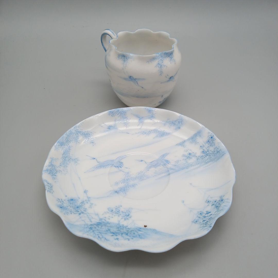 明治期　横浜焼 　井村彦次郎　波型 カップ＆ソーサー　エッグシェル 里帰り