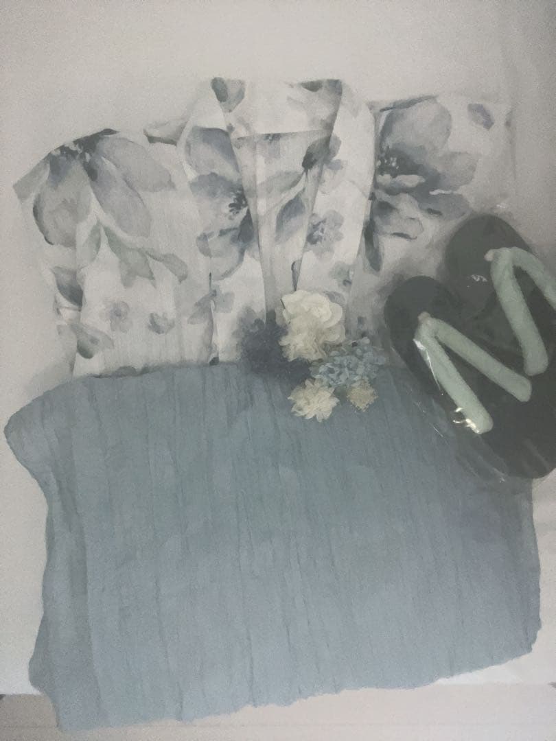 花柄浴衣 水色帯 下駄付き