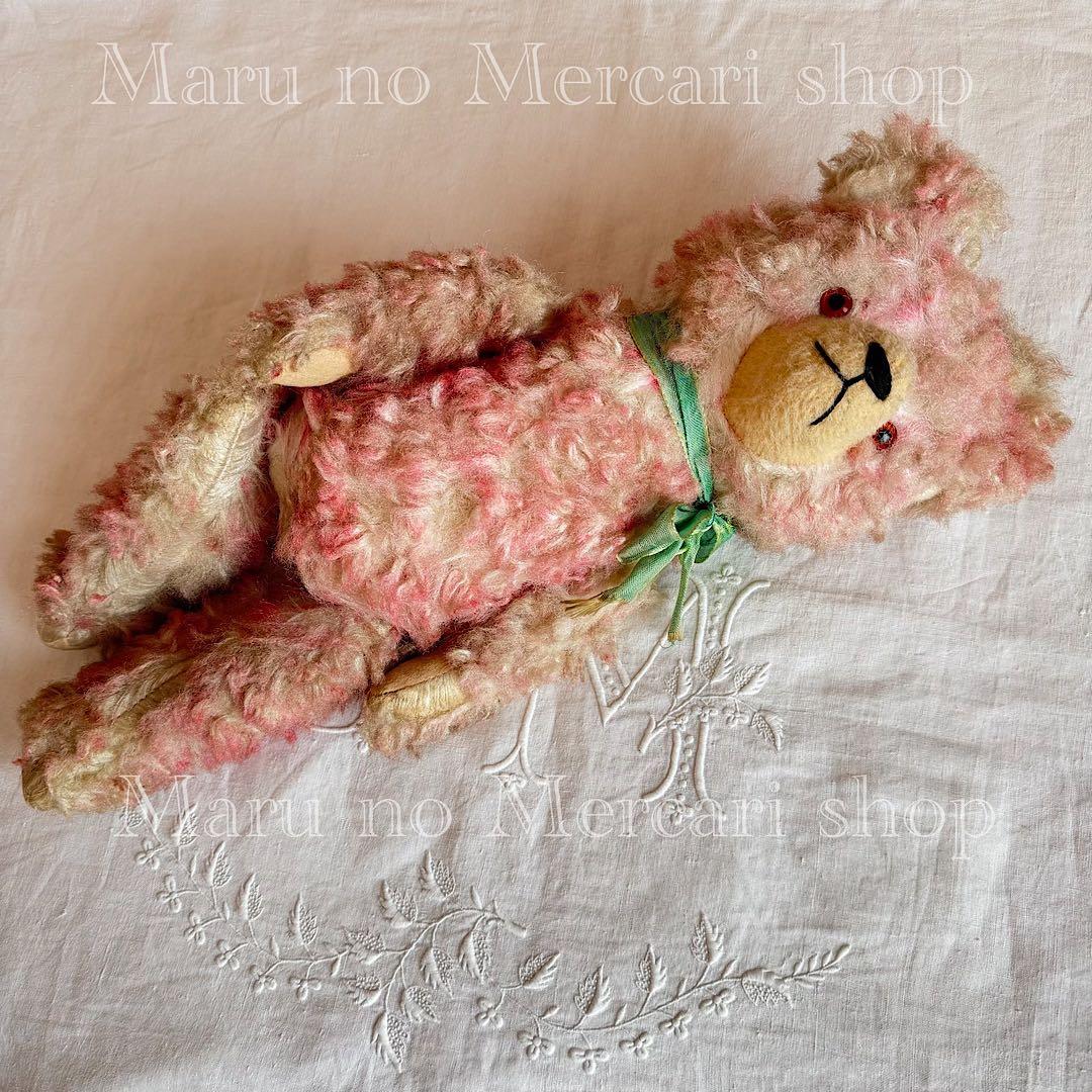アンティーク　ドイツ　ピンクのベア　グリーンリボン　アンティークベア