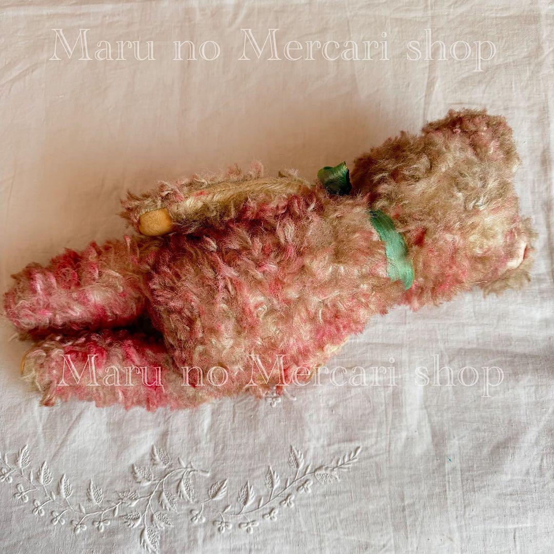 アンティーク　ドイツ　ピンクのベア　グリーンリボン　アンティークベア