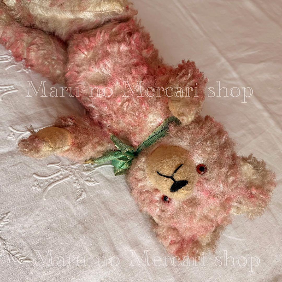 アンティーク　ドイツ　ピンクのベア　グリーンリボン　アンティークベア