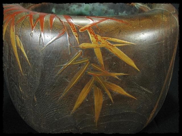 金蒔絵 桐丸 火鉢 一対 竹鳥文 スズメ 囲炉裏 茶道具 e59