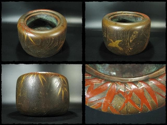 金蒔絵 桐丸 火鉢 一対 竹鳥文 スズメ 囲炉裏 茶道具 e59