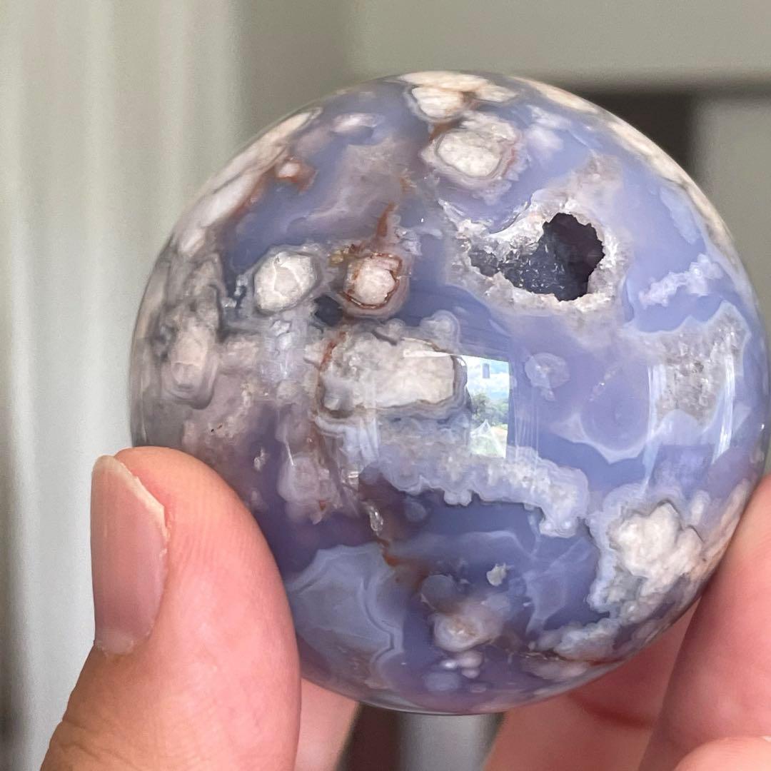54mm大きなブルー桜瑪瑙 スフィア 天然石 置物