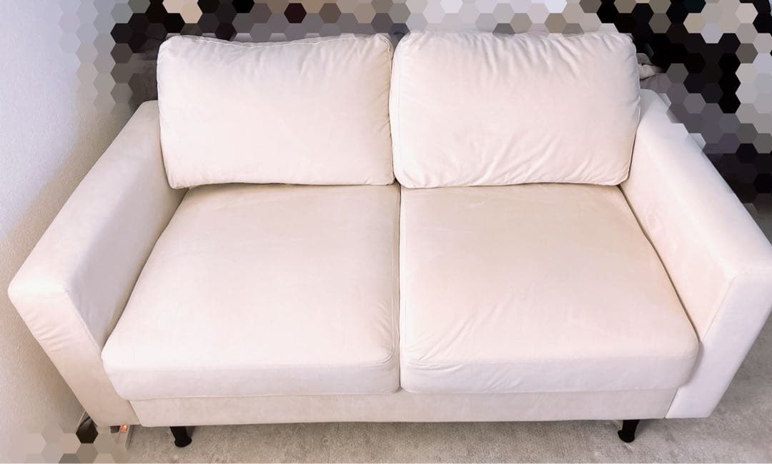 【オフホワイト】2人がけベロア素材ソファ