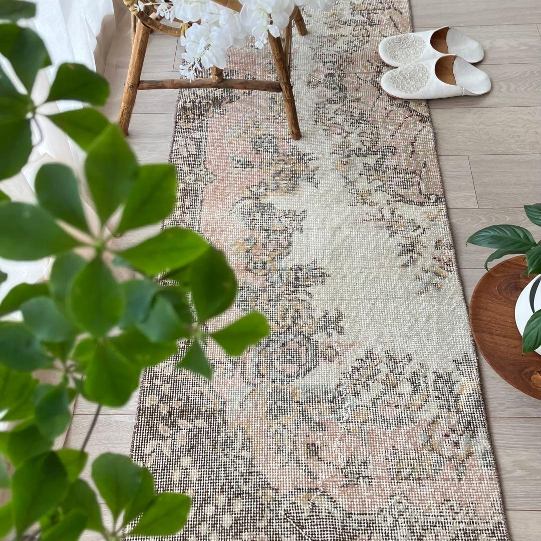 カフェオレ59×216ピンク　ブラウン　超ロングランナー　トルコヴィンテージラグ