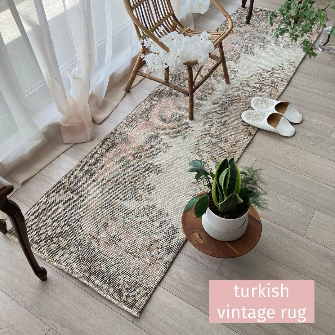 カフェオレ59×216ピンク　ブラウン　超ロングランナー　トルコヴィンテージラグ