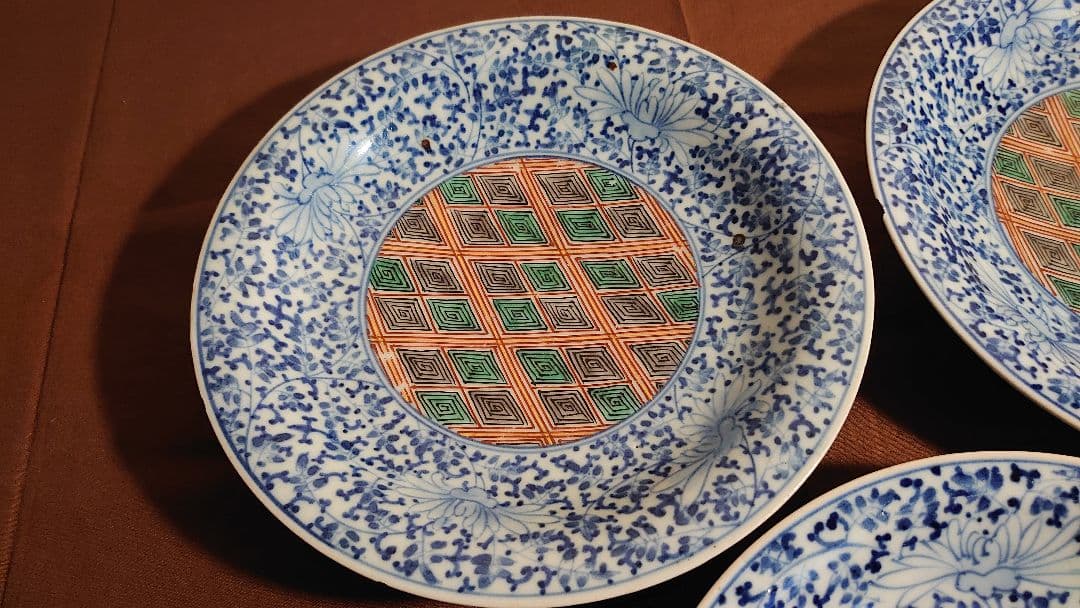 大聖寺伊万里　古伊万里　伊万里　染付　色絵　小紋　唐草文　華唐草　江戸期　３客