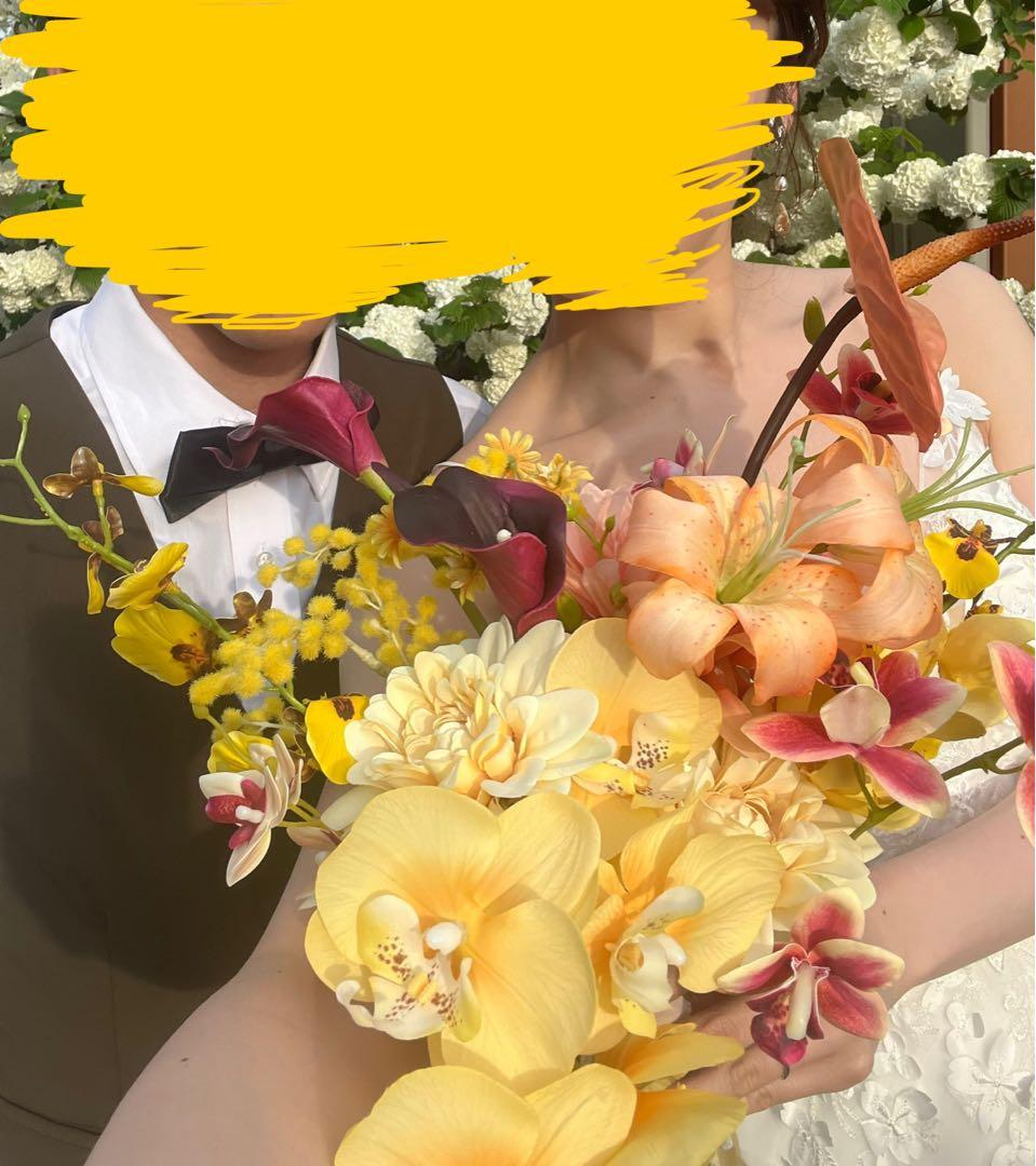 結婚式ブーケ　イエロー　(ブートニア付き) アーティフィシャルブーケ