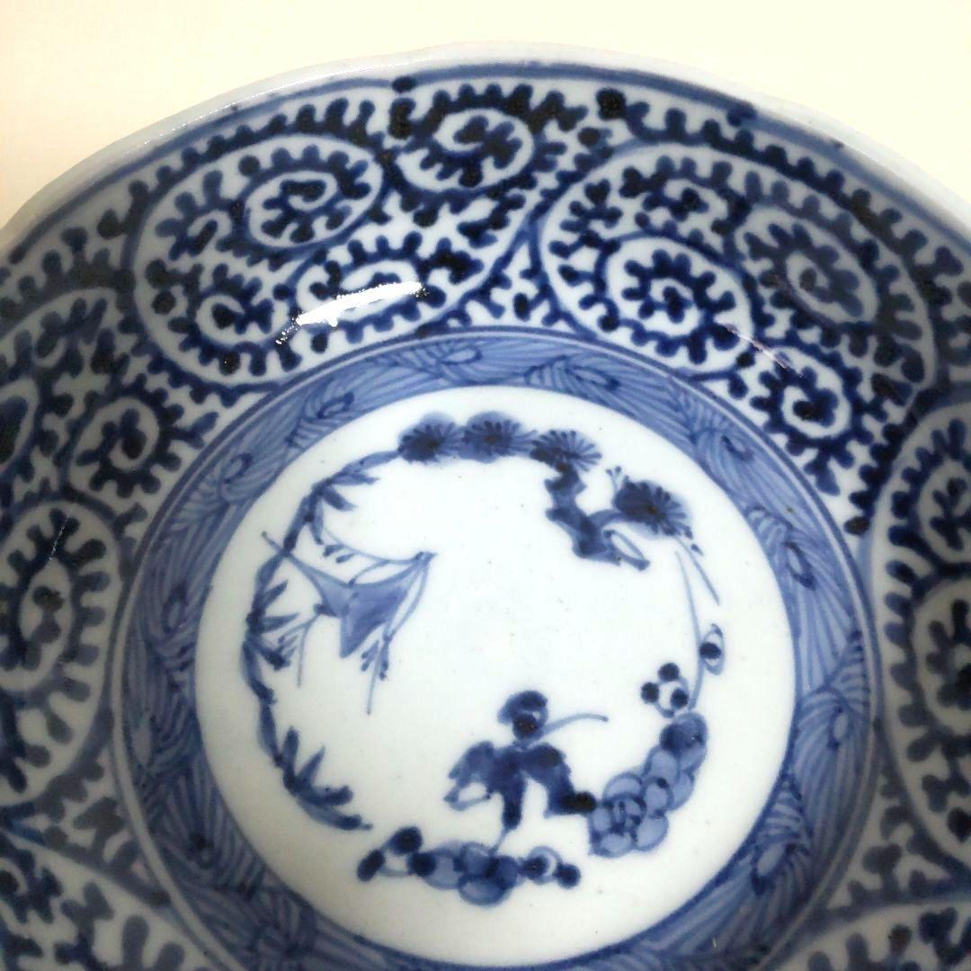 古伊万里 染付 たこ唐草 なます皿(2客) 富貴長春 時代物 骨董