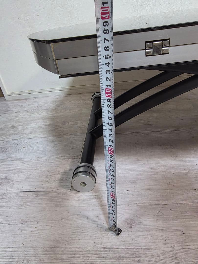 ガス圧式昇降式　拡張式天板折りたたみ式サイドテーブル　円型ガラステーブル