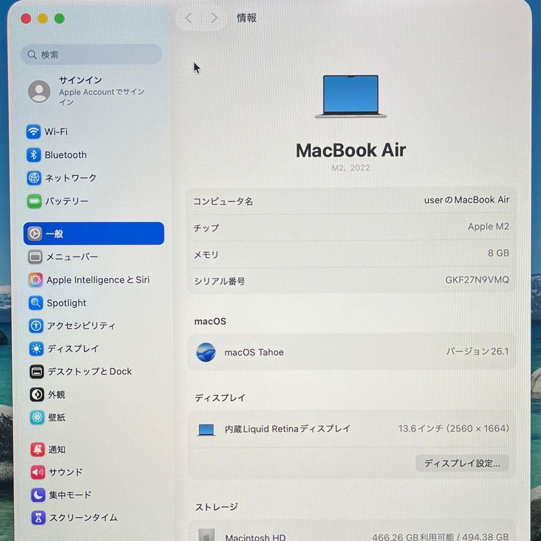MacBook Air 13インチ M2 メモリ8GB SSD512GB