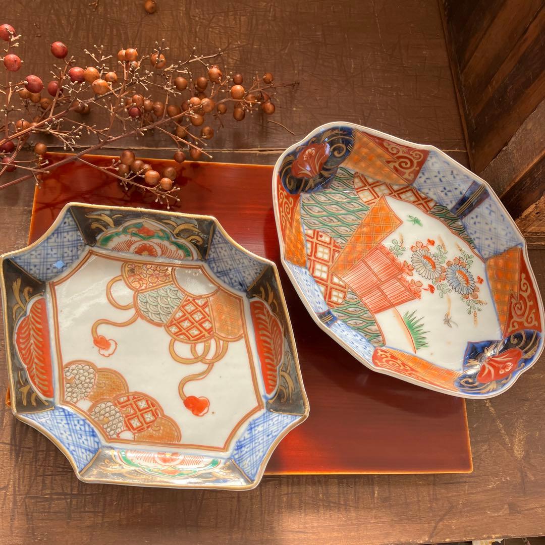 専用。アンティーク　和骨董　変形皿　菱形　蚤の市　金彩　八角形　２種　2枚セット