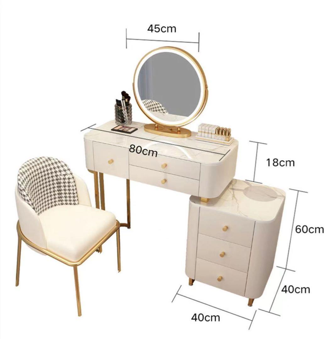 北欧風  ピンク80cmオシャレドレッサーレザー調 大理石天板 LEDミラー