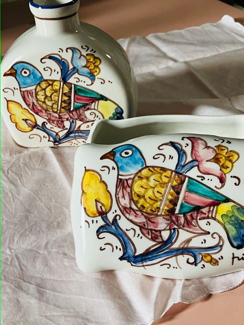 イタリア製 マヨリカ焼 花瓶＆小物入れ 手描き鳥柄