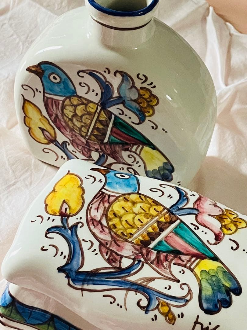イタリア製 マヨリカ焼 花瓶＆小物入れ 手描き鳥柄