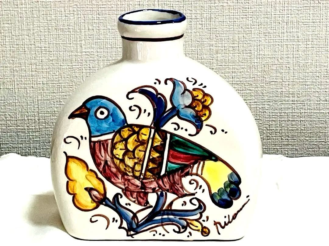 イタリア製 マヨリカ焼 花瓶＆小物入れ 手描き鳥柄