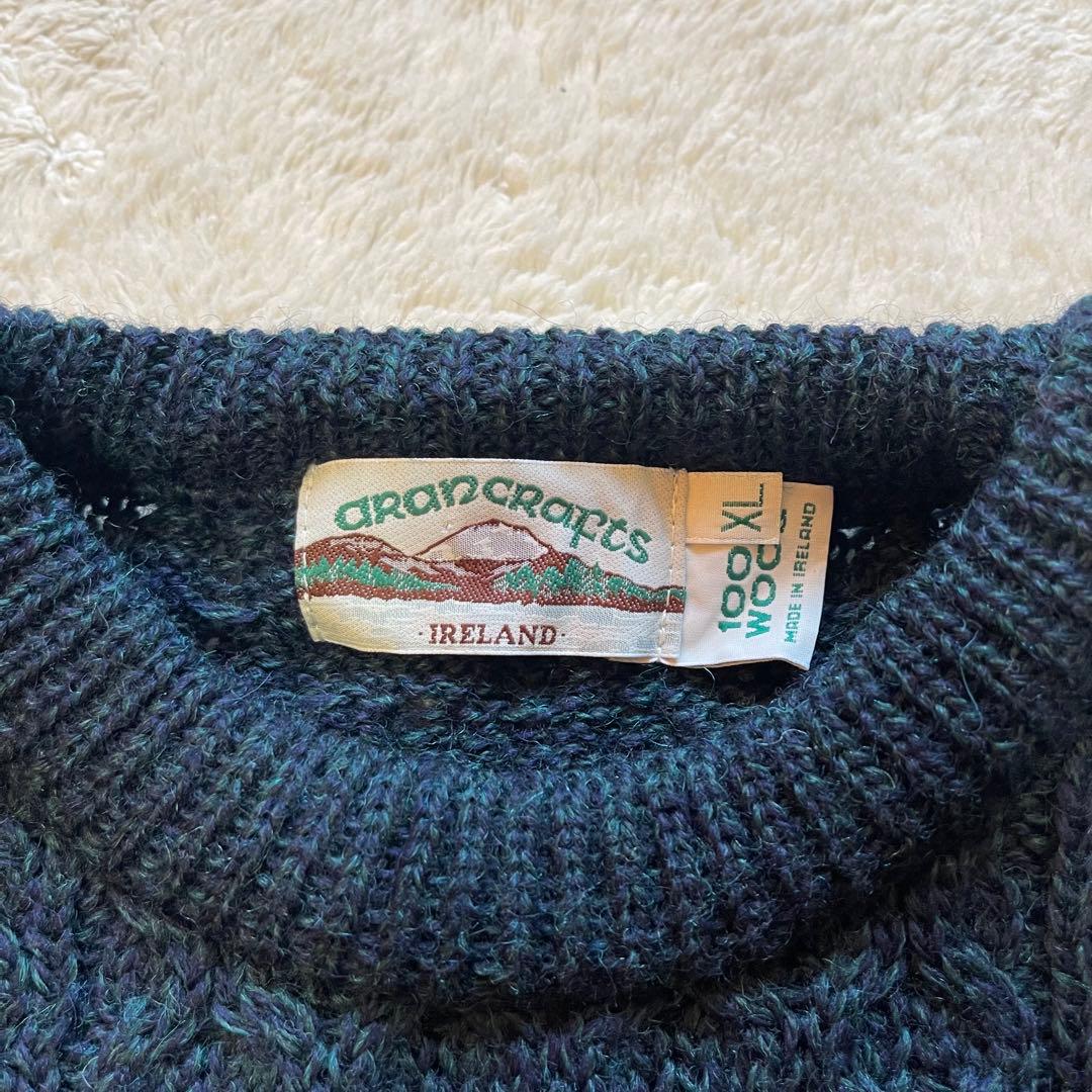 vintage 古着　アイルランド製　肉厚　フィッシャーマン　アランニット　紺色